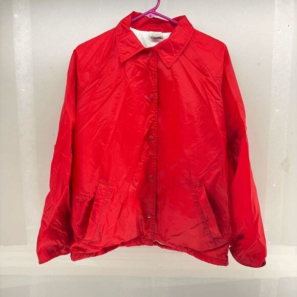 Vintage 80 Sears Red Nylon Coaches Jacket Lined Snap Front USA Womens L 16-18 - Picture 1 of 6